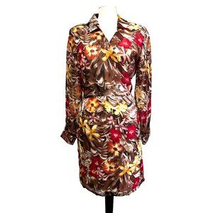 Vintage Selene Sport Floral Wrap Dress Sz Large Brown Long Sleeve